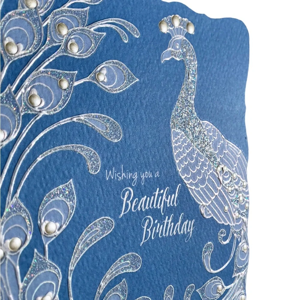 Sienna’s Garden Lace Embossed Peacock Birthday Card w/Embossed Pearlescent Env